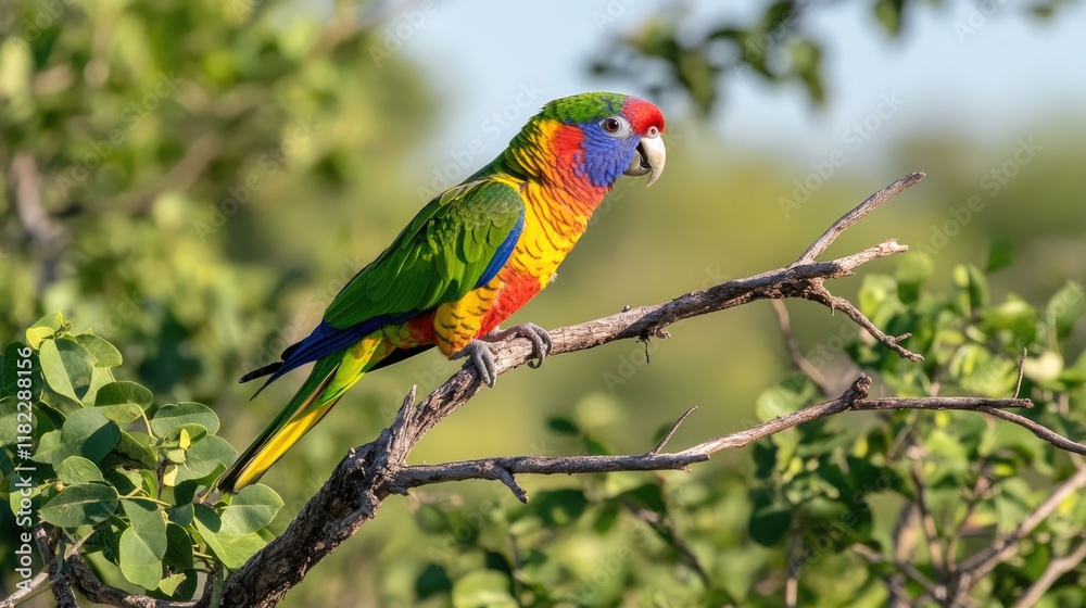 A vibrant parrot perched on a branch amidst lush greenery. A vibrant parrot perched on a branch amidst lush greenery.