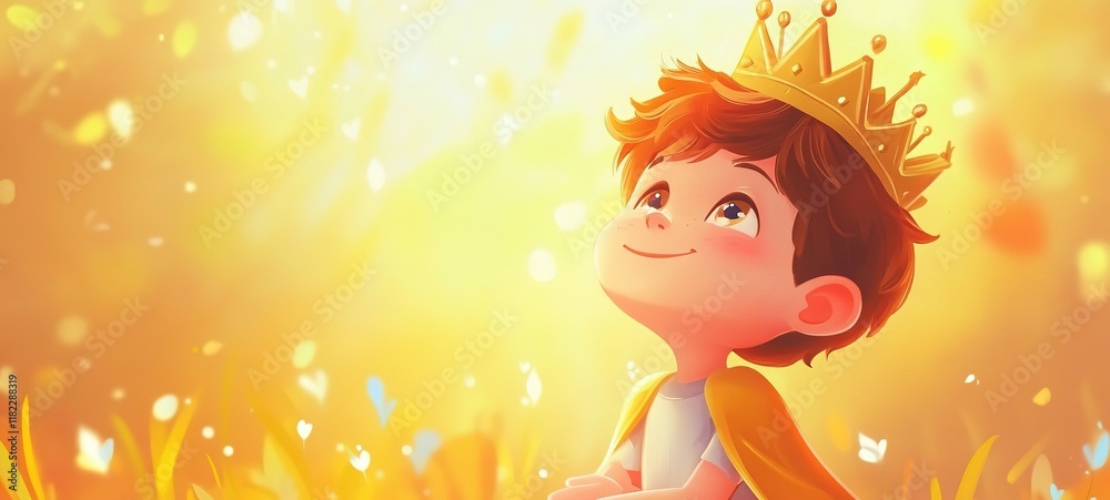 cute cartoon character design, prince or king wearing gold crown in dreamy fantasy whimsical vibes at grass field cute cartoon character design, prince or king wearing gold crown in dreamy fantasy whimsical vibes at grass field