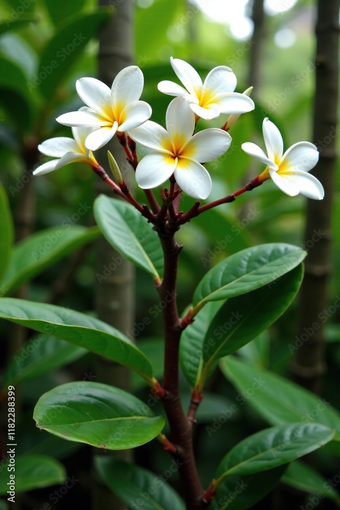 Fototapeta premium A white plumeria tree in a lush garden with other tropical plants, blossoms, leafy