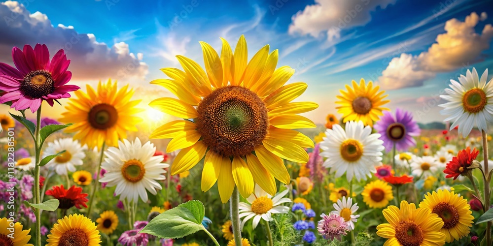Obraz premium Vibrant Summer Festival Floral Backdrop: Sunflowers, Daisies & Colorful Blooms