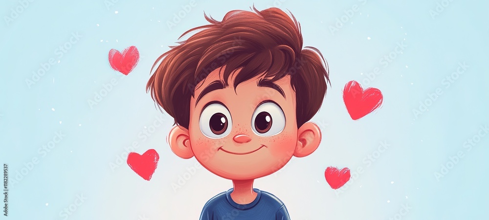cartoon illustration, a boy smiling looking at colorful heart floating around cartoon illustration, a boy smiling looking at colorful heart floating around