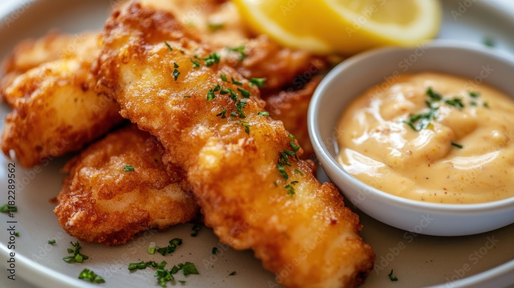 Crispy Fried Fish Fingers with Creamy Sauce and Lemon