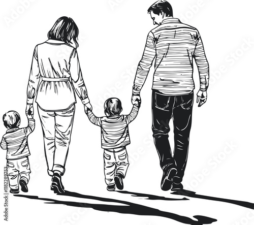 Loving family in linear art style, parents and child holding hands while strolling, black sketch on white background.eps