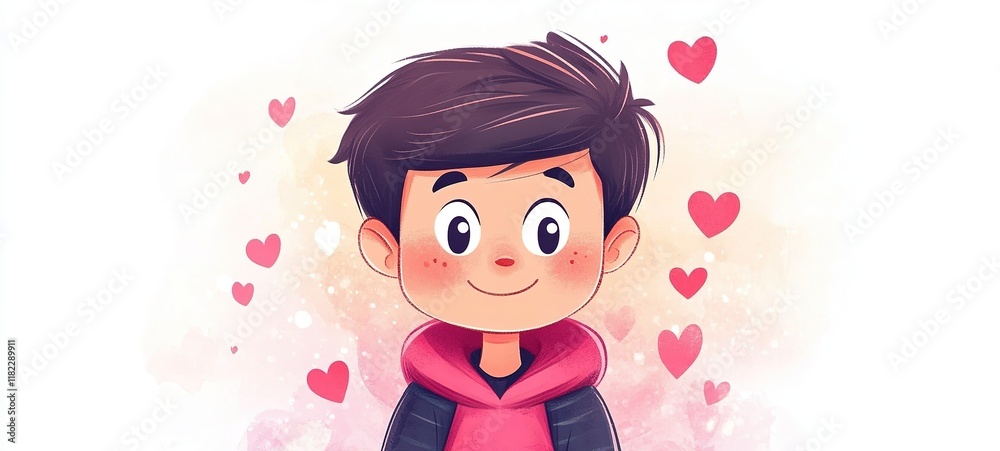 cartoon illustration, a boy smiling looking at colorful heart floating around cartoon illustration, a boy smiling looking at colorful heart floating around