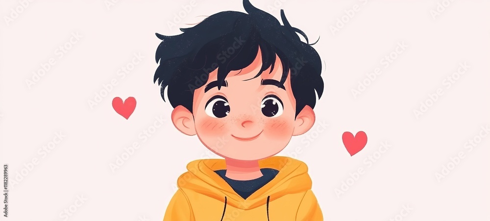 cartoon illustration, a boy smiling looking at colorful heart floating around cartoon illustration, a boy smiling looking at colorful heart floating around