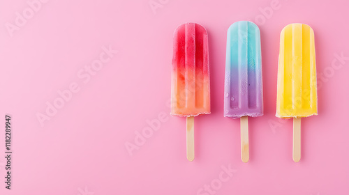 Colorful ice cream popsicle set against a pastel pink background�minimal summer composition