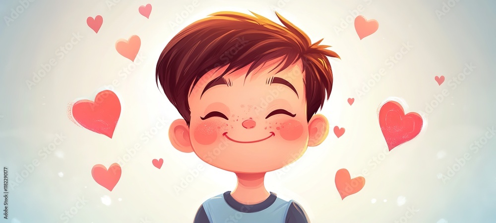 cartoon illustration, a boy smiling looking at colorful heart floating around cartoon illustration, a boy smiling looking at colorful heart floating around