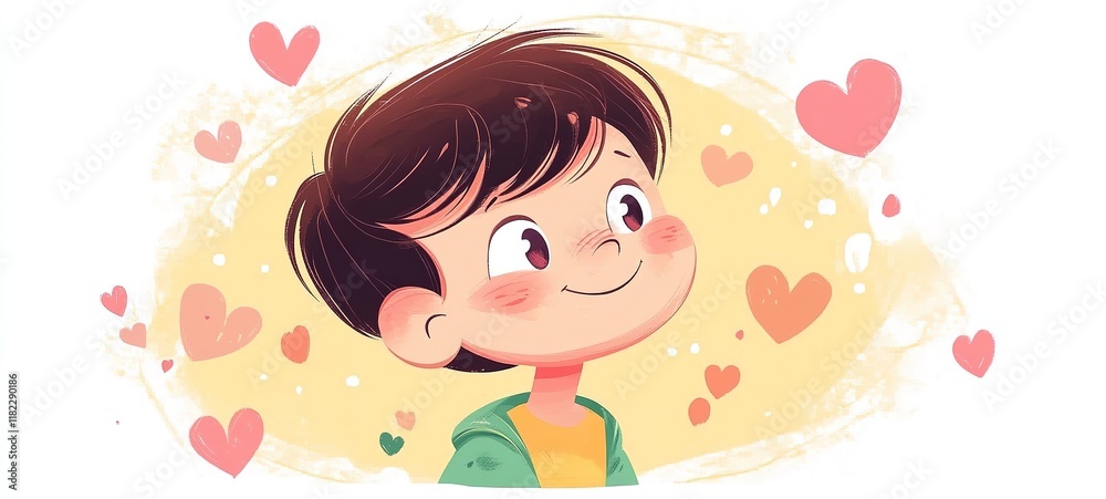 cartoon illustration, a boy smiling looking at colorful heart floating around cartoon illustration, a boy smiling looking at colorful heart floating around