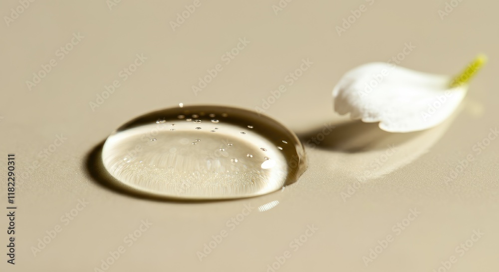 Single water droplet and white flower petal on smooth beige surface Single water droplet and white flower petal on smooth beige surface