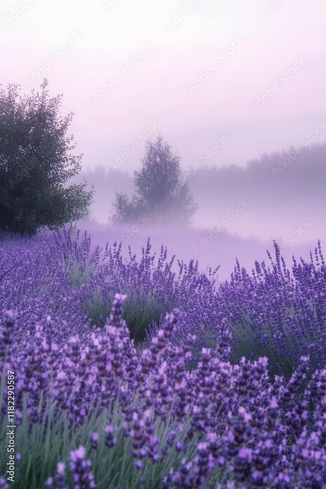 Purple flowers, misty field, trees, soft light. Purple flowers, misty field, trees, soft light.