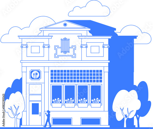 Restaurant building line art illustration. Cafe one color blue outline graphic. City street landscape. Diner, people and trees infographic. Old vintage architecture. Editable stroke.
