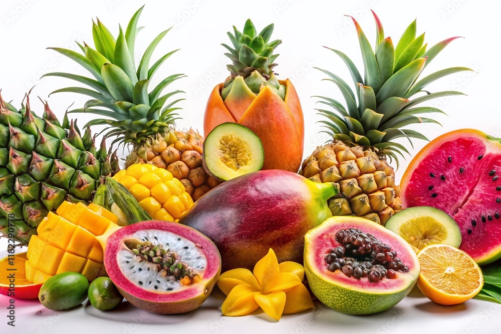 Vibrant Tropical Fruit Panorama: Mango, Pineapple, Papaya, & More Vibrant Tropical Fruit Panorama: Mango, Pineapple, Papaya, & More