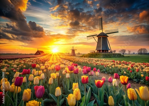 Vibrant Tulip Field Sunset, Dutch Windmill, Spring Garden Landscape