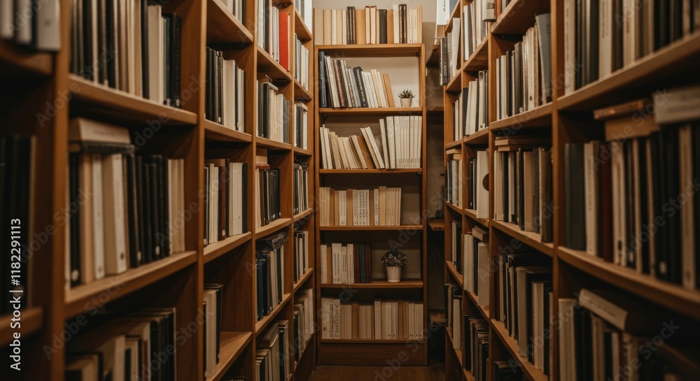 Cozy library with bookshelves filled various books Cozy library with bookshelves filled various books