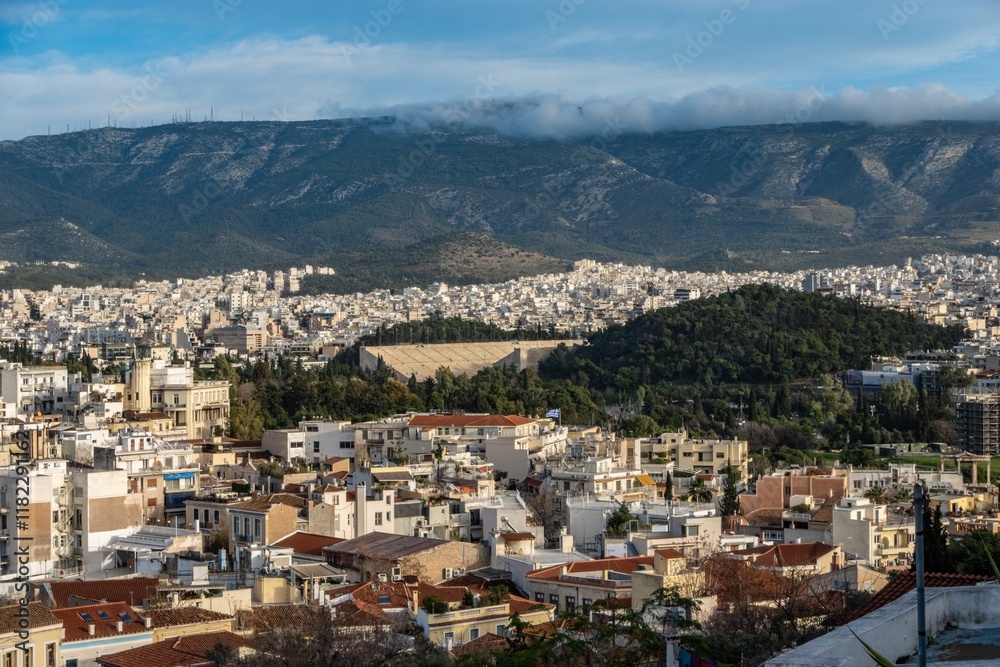 Beautiful Olympic Stadium aerial take in Athens, Greece Beautiful Olympic Stadium aerial take in Athens, Greece