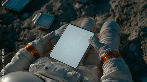 An astronaut holding a blank tablet.