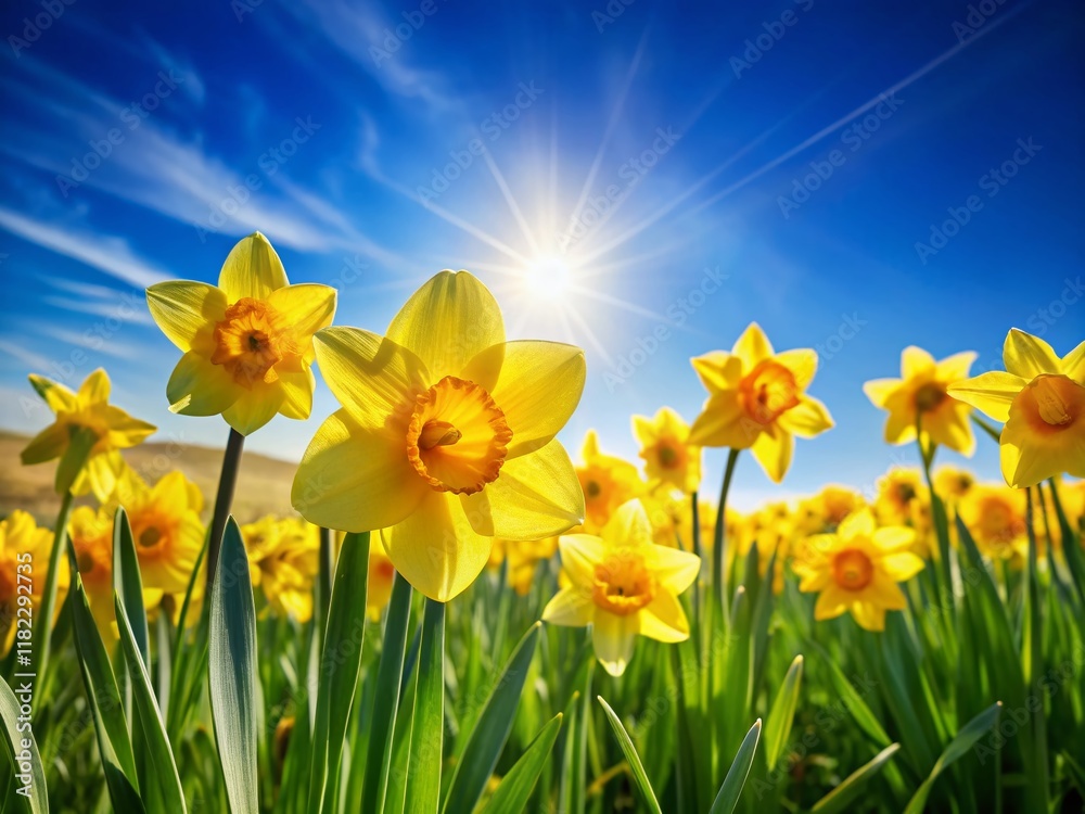 Fototapeta premium Vibrant Yellow Daffodils Blooming in Spring Meadow Under Blue Sky - Stock Photo
