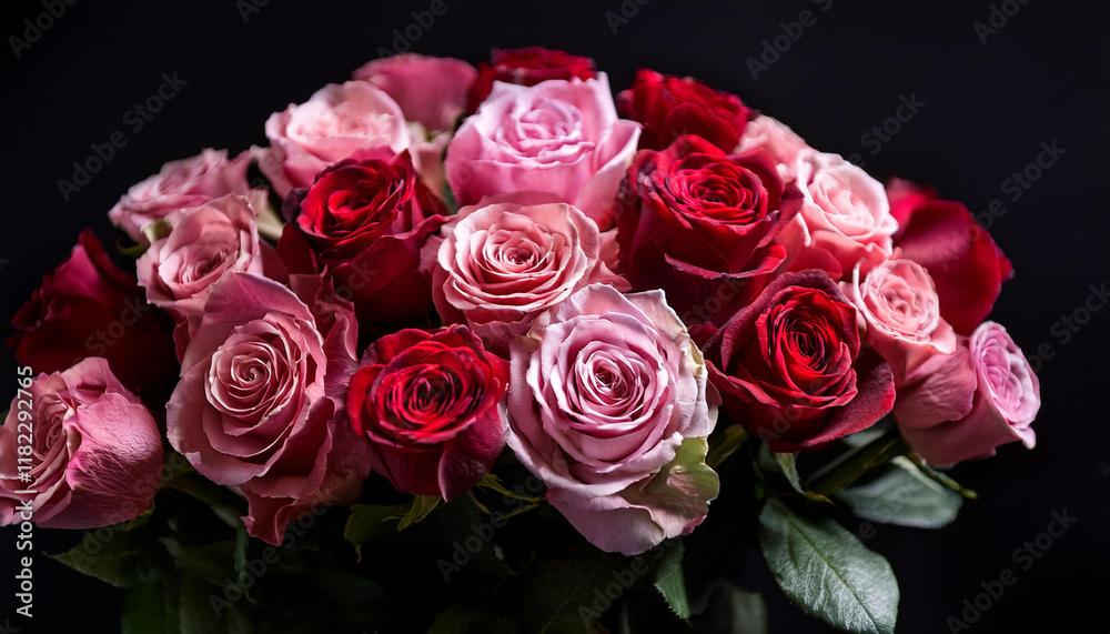 Obraz premium colourful bouquet of pink and red roses in opposition to a black historical past