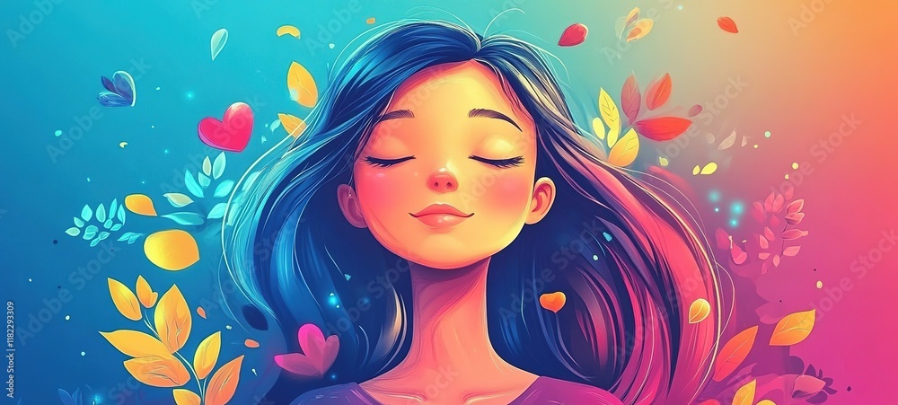 cartoon illustration, cute young girl smiling with heart floating around at flower field cartoon illustration, cute young girl smiling with heart floating around at flower field