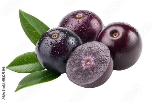 Fresh Jabuticaba Fruit with Water Droplets Isolated On Transparent  Background - Close-up of ripe Jabuticaba fruits with water droplets and green leaves, showcasing freshness and vibrant natural deta
