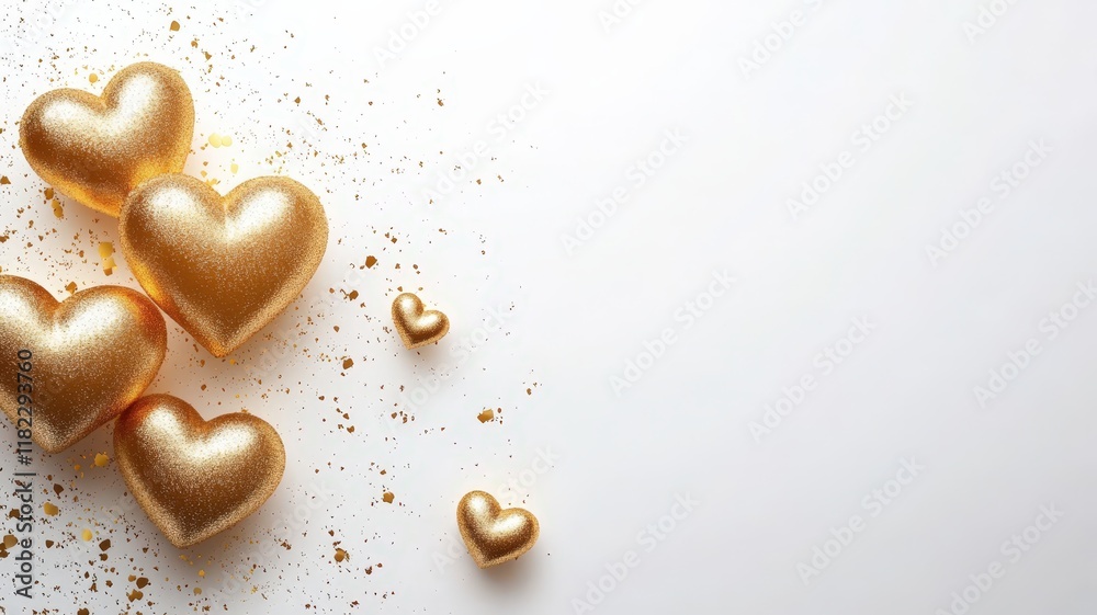 Fototapeta premium Valentine Day abstract background, gold and white, minimal design, golden hearts, festive atmosphere