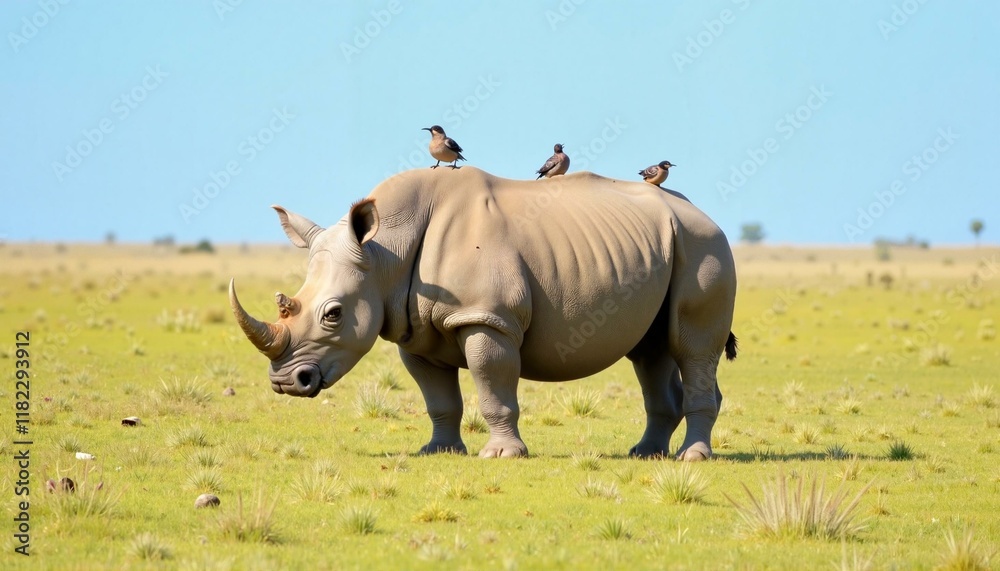 Obraz premium Rhino standing in grasslands with birds, wildlife harmony