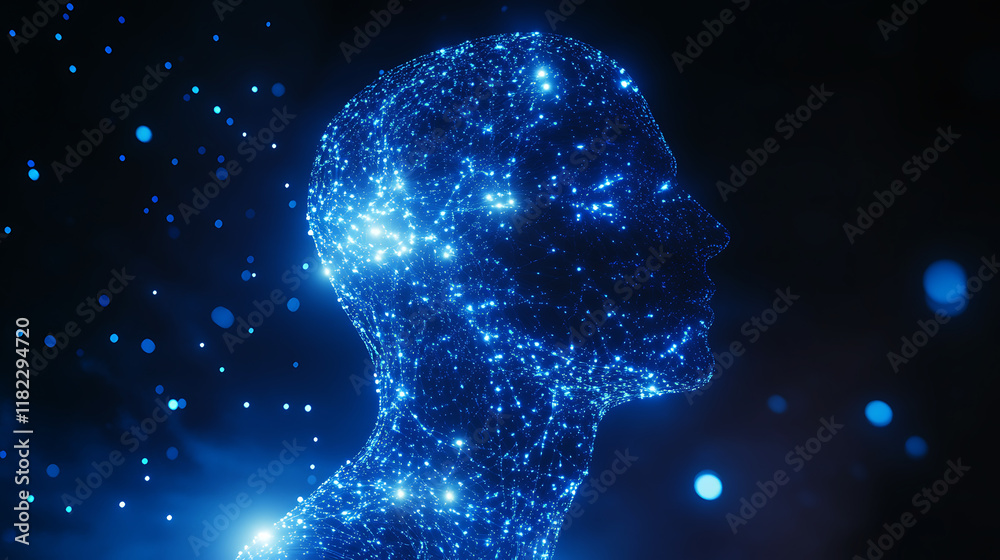 futuristic digital representation of a human head and upper body, composed of glowing circuits and networks, symbolizing artificial intelligence and advanced technology futuristic digital representation of a human head and upper body, composed of glowing circuits and networks, symbolizing artificial intelligence and advanced technology