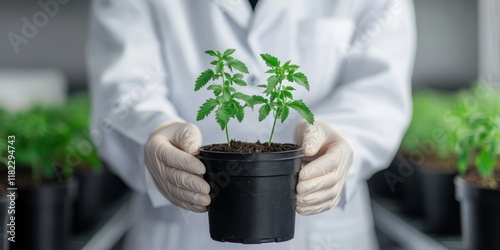 Hands Holding Pot with Young Green Plants Growing photo