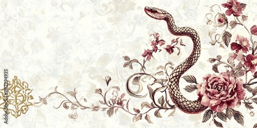 Elegant Vintage Floral Design with Snake Roses and Ornate Pattern Background
