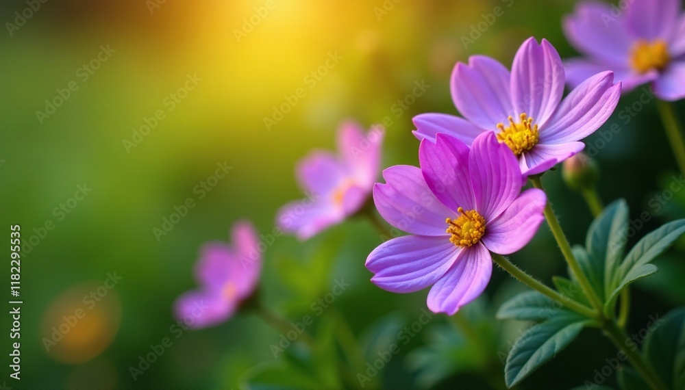Purple flowers with yellow centers on a bushy stem, yellow, flowers, growth Purple flowers with yellow centers on a bushy stem, yellow, flowers, growth