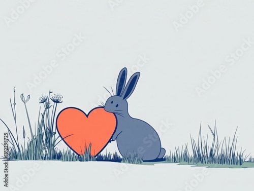 Cute Bunny Holding a Bright Heart Surrounded by Green Grass and Delicate Flowers in a Soft and Minimalistic Landscape photo