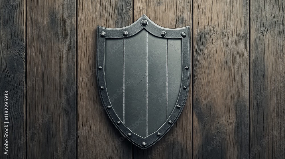 Fototapeta premium Metallic shield on rustic wooden background, medieval design with sturdy steel texture, concept of protection, security, and strength