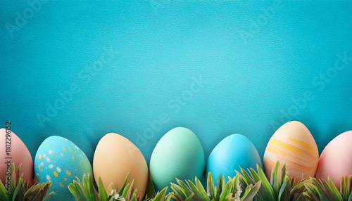 colorful easter egg bottom border over a pastel blue paper banner historical past reproduction area
