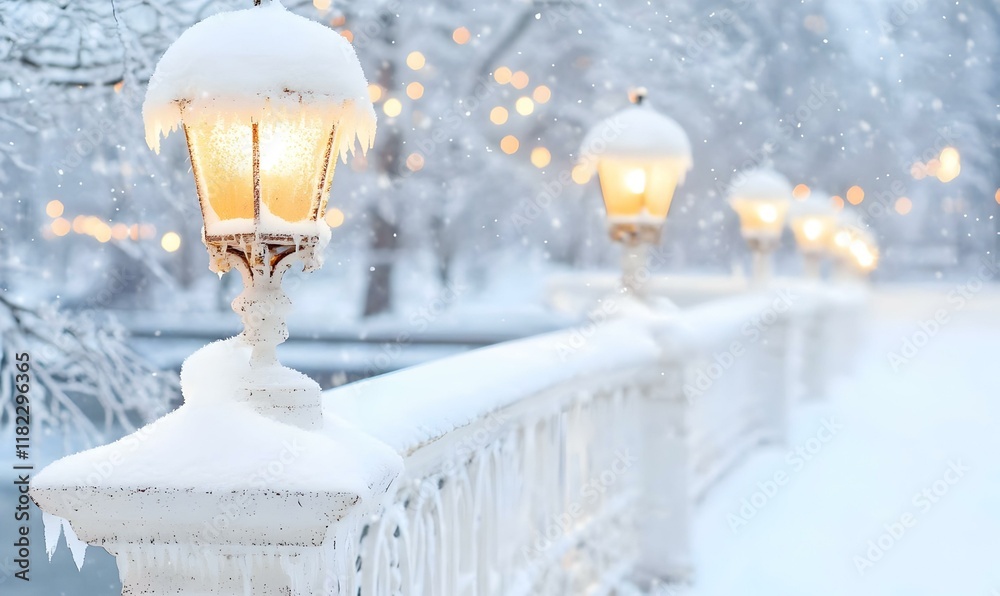 Fototapeta premium Snowy Bridge Serenity, a tranquil winter scene featuring a bridge blanketed in snow, illuminated by soft lantern light, creating an elegant atmosphere.