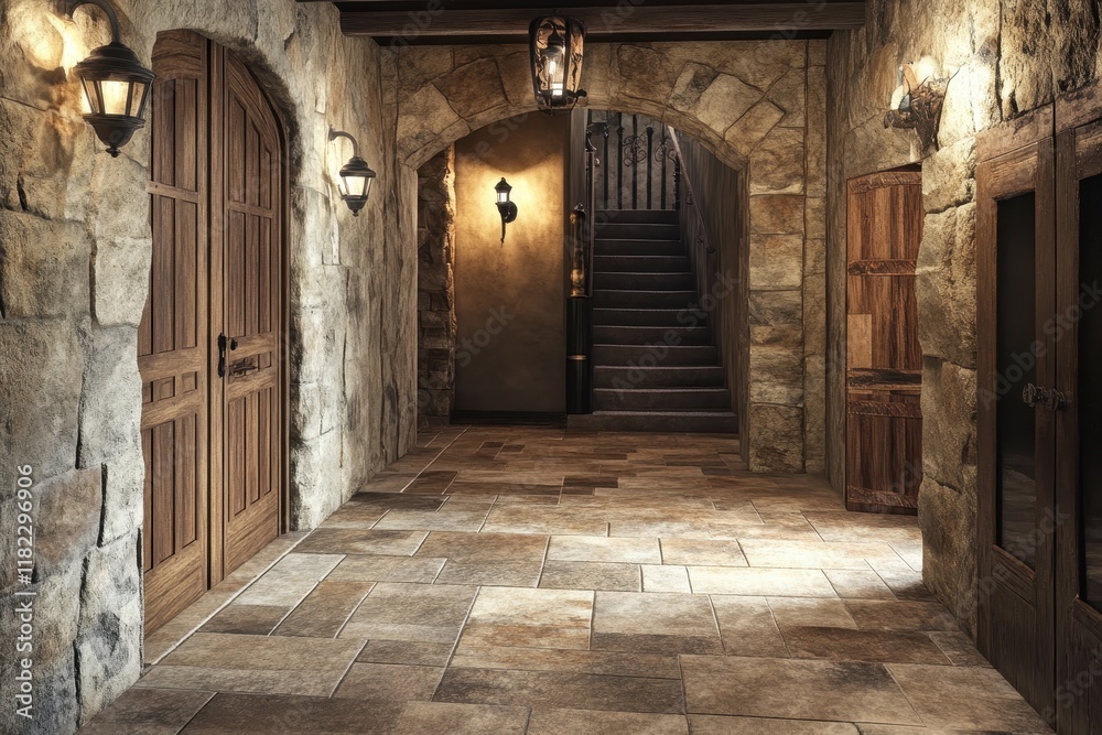 Fototapeta premium Elegant stone hallway featuring wooden doors and rustic lighting in a cozy environment
