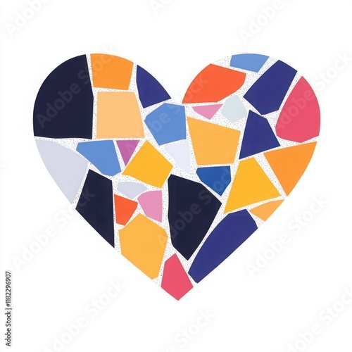 Colorful Mosaic Heart Design Created from Vibrant Pieces of Different Shapes and Sizes on a White Background, Ideal for Artistic and Romantic Themes photo