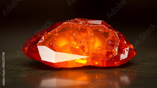 Warm orange hessonite garnet gemstone with unique formations and vivid luster captured in vintage style photography for gemstone enthusiasts and collectors. Luster. Illustration photo