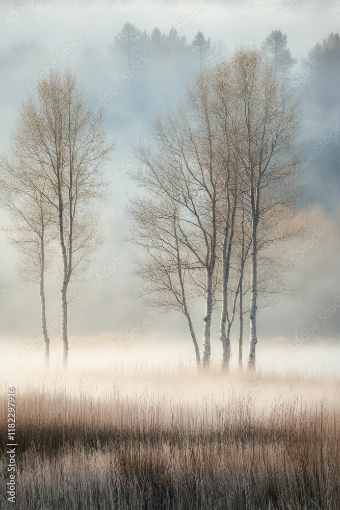 Foggy dawn, leafless trees, misty field. Foggy dawn, leafless trees, misty field.