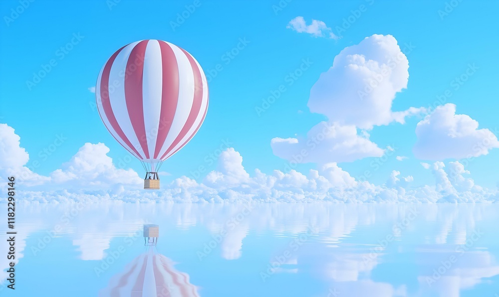 Obraz premium Hot Air Balloon Serenity, a vibrant balloon drifts gracefully above lush landscapes, evoking a sense of peace and adventure in the open sky.