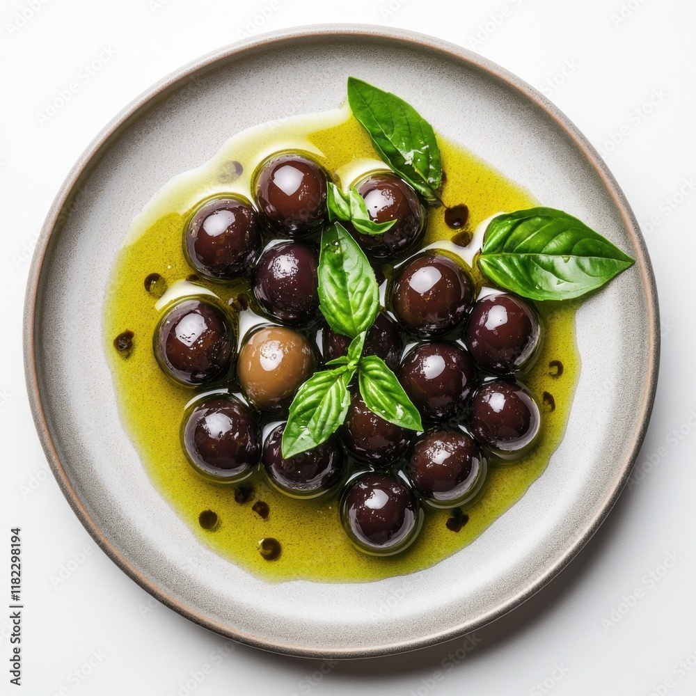 Delicate black olives arranged artfully on a round plate with a smooth surface, enhanced by vibrant green basil leaves and a glossy olive oil drizzle, creating a refined culinary experience Delicate black olives arranged artfully on a round plate with a smooth surface, enhanced by vibrant green basil leaves and a glossy olive oil drizzle, creating a refined culinary experience
