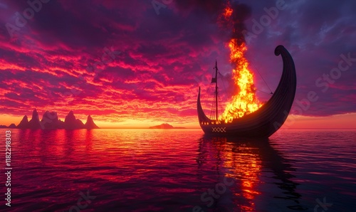 Viking vessel ablaze, drifting into the horizon, flames consuming wood, smoke rising, a haunting farewell to a seafaring legacy.