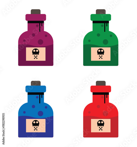 Bottle of Deadly Poison Flat Style Isolated on White Set. Chemicals and dangerous potion drink concept vector art