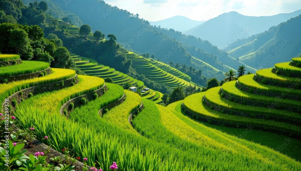 Terraced rice fields with a stone wall for irrigation, Asia, crops Terraced rice fields with a stone wall for irrigation, Asia, crops