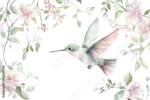 vintage style watercolor illustration of hummingbird surrounded by flowers