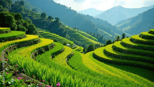 Terraced rice fields with a stone wall for irrigation, Asia, crops