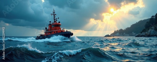 Tugboat maneuvering through stormy weather near Winchester Bay, sailing boat, winchester bay photo