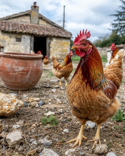 Chickens exploring a rustic courtyard with a clay pot and well in the background