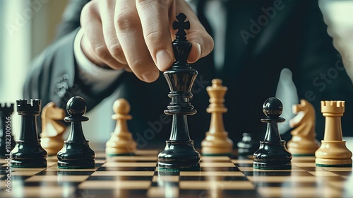 Intense focus and determination of a business executive delivering a critical checkmate in a high stakes chess game showcasing strategic thinking leadership