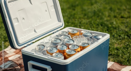 Cooler filled with iced cans on grass