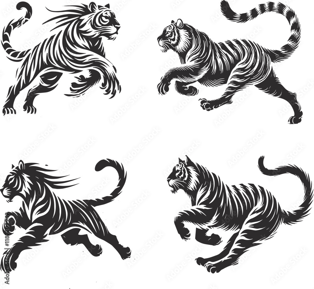Dynamic Tiger Running Pose Silhouette | Black and White Wildlife Illustration Dynamic Tiger Running Pose Silhouette | Black and White Wildlife Illustration